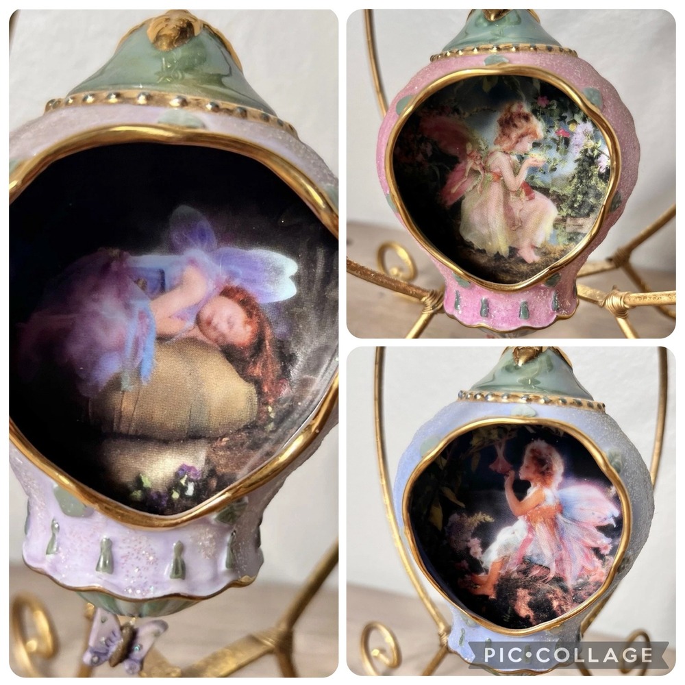 Vtg Bradford Exchange Fairy Ornament Set w/ Gold Stands Butterfly Detail 3-Piece